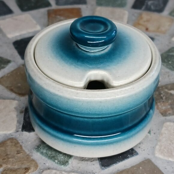 Wedgwood Blue Pacific Mustard Condiment Jar With Lid 2 Ounce Oven To Table - Picture 6 of 8